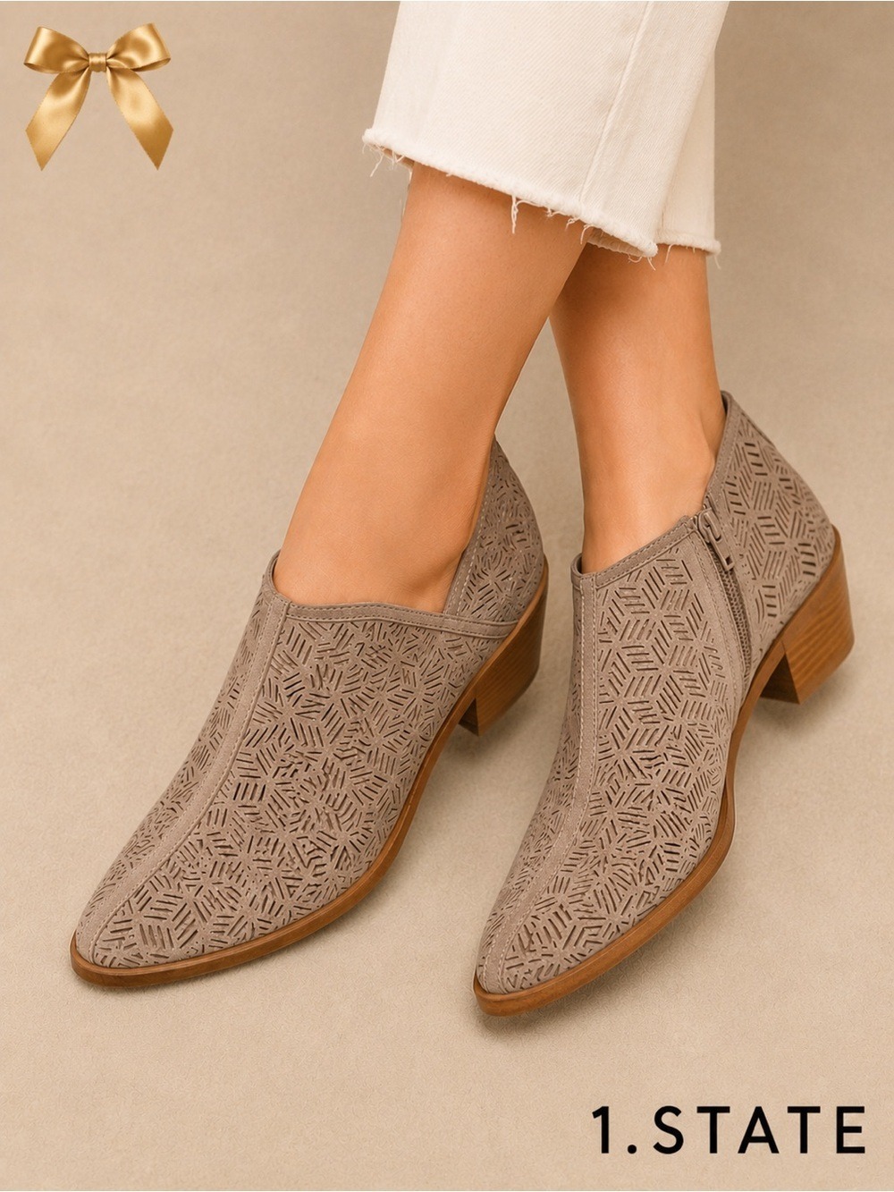 1.STATE Laser Cut Suede Ankle Booties Taupe Block Heel 10M